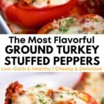 Cheesy ground turkey stuffed peppers with marinara, baked to perfection. A low-carb, keto-friendly, and healthy dinner idea.