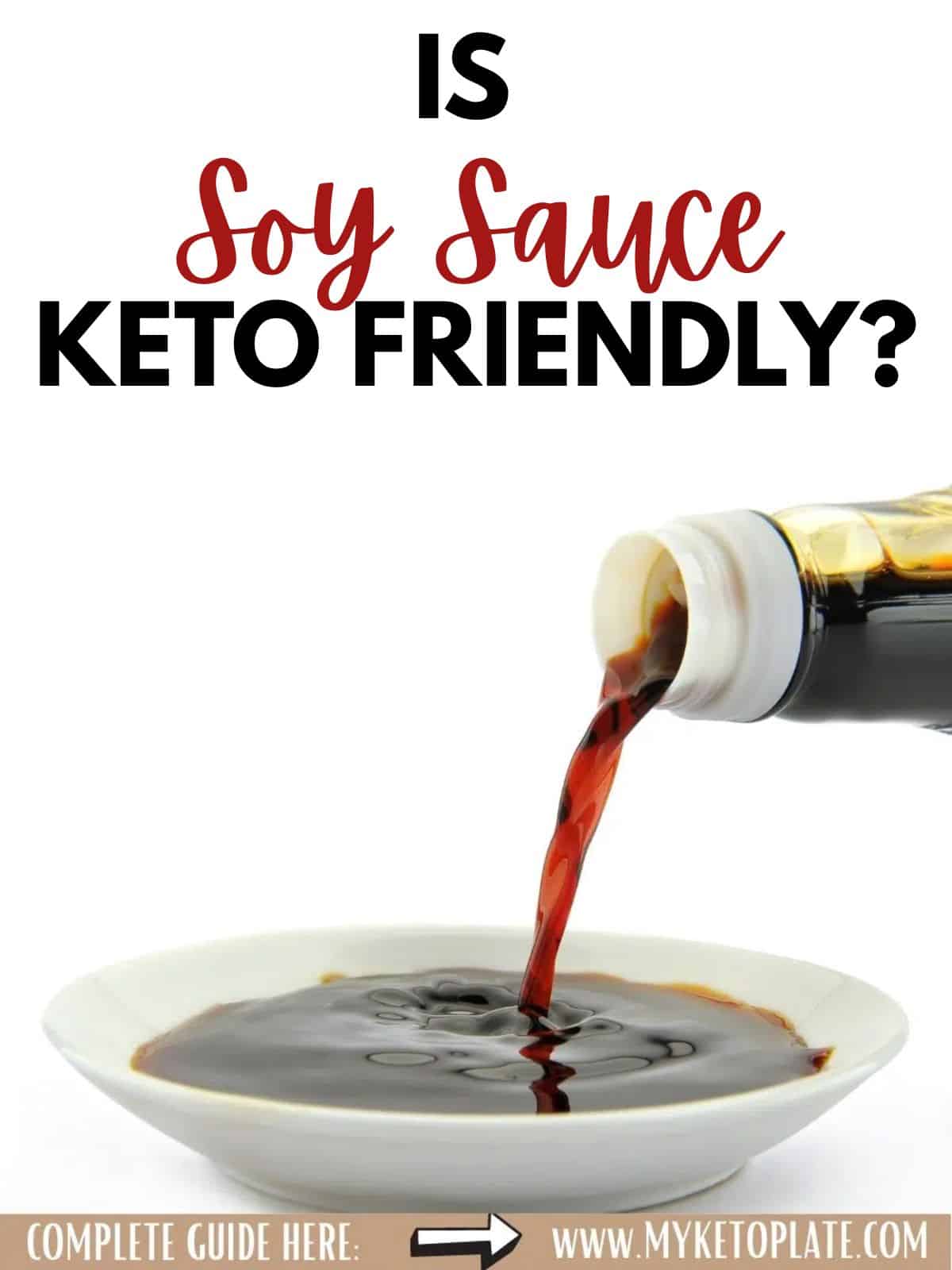 Graphic asking “Is Soy Sauce Keto Friendly?” above image of sauce pouring.
