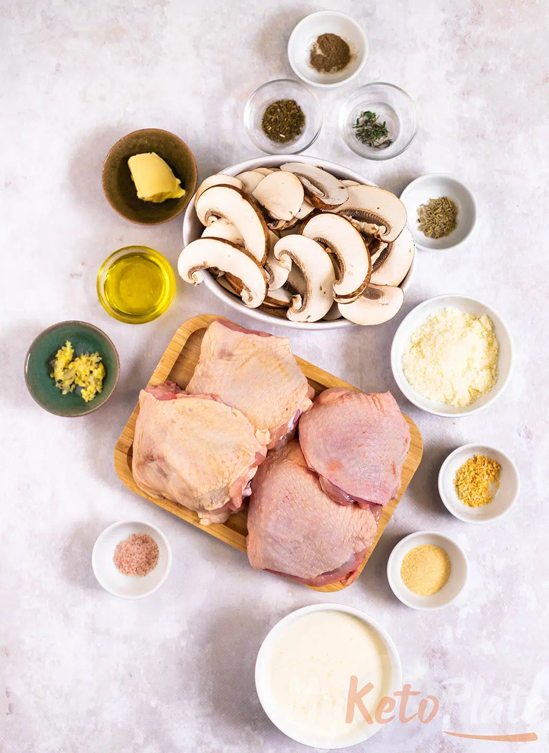 ingredients for skillet chicken thighs with creamy mushrooms sauce