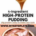 Keto-friendly chocolate protein pudding in a glass bowl, with a spoon dipped into its silky consistency.