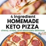 A deliciously cheesy keto pizza with a golden brown crust.