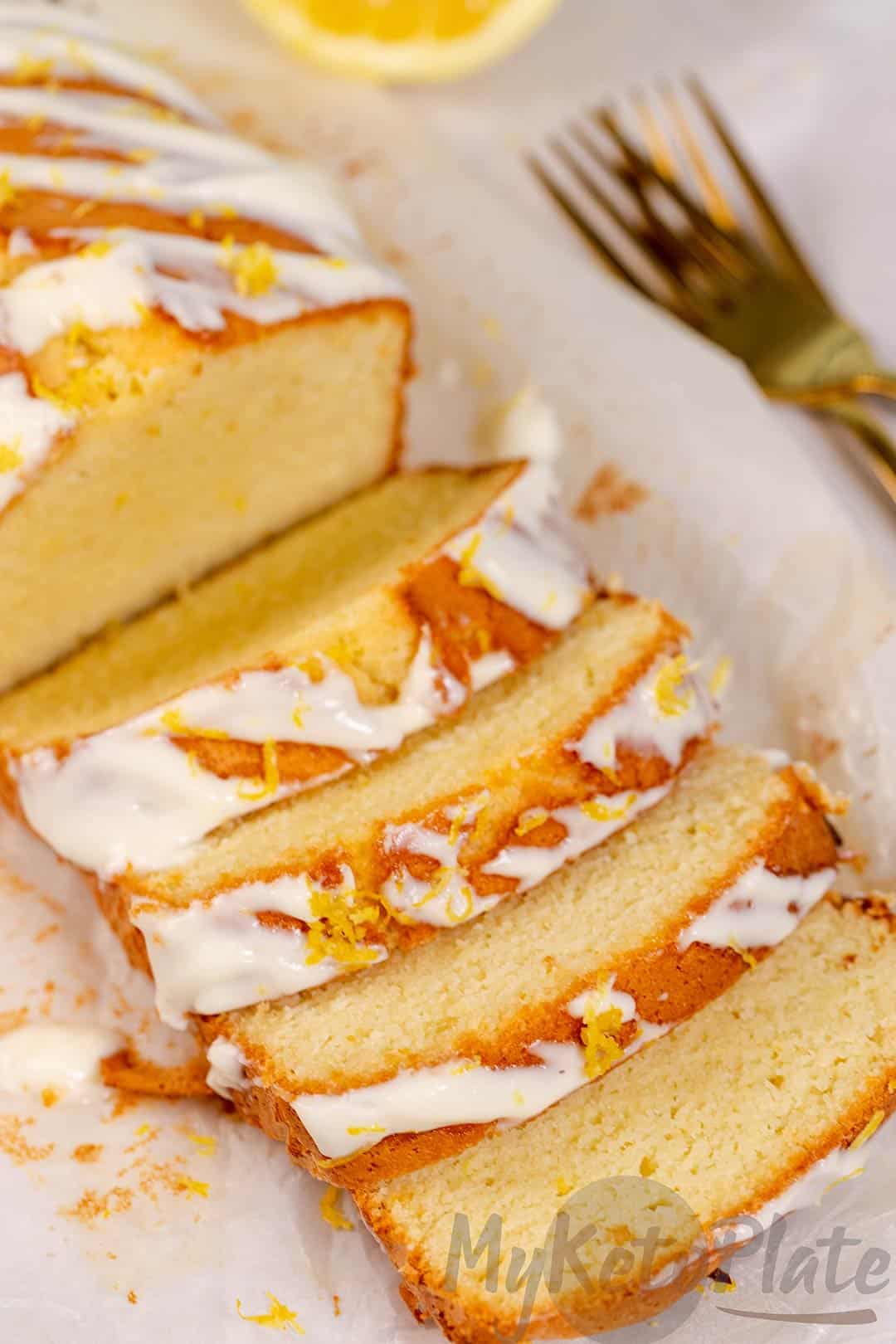 Moist and fluffy keto lemon cake drizzled with glaze