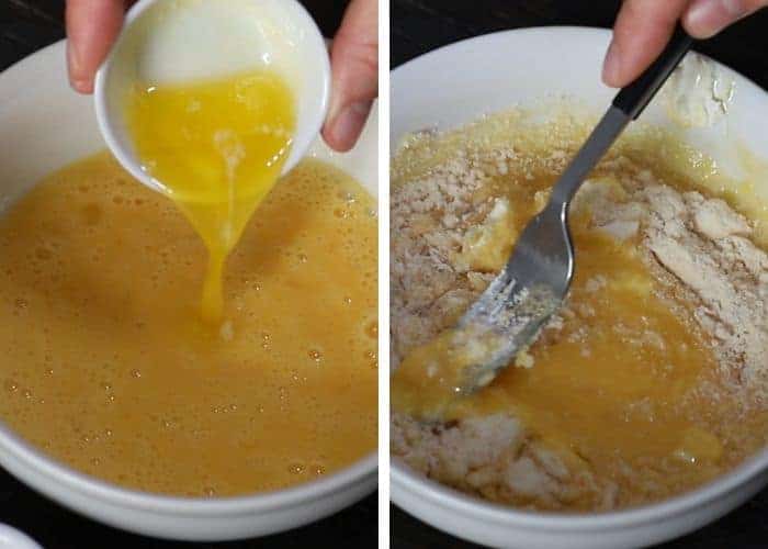 Adding melted butter and almond flour to egg mixture for keto bread batter.
