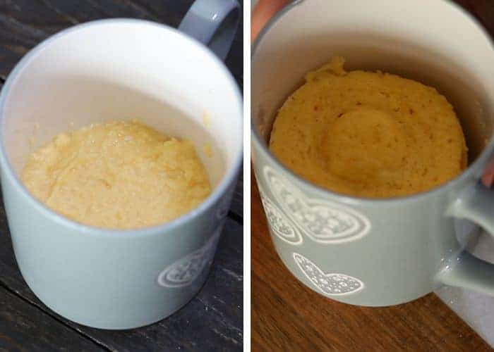 Mug filled with keto bread batter next to cooked keto bread fresh out of the microwave.
