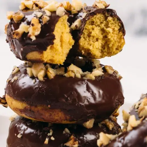 Low-carb donuts with a rich chocolate coating and a moist, golden center.