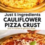 A keto-friendly pizza with a cauliflower crust, fresh basil, and tomato sauce, highlighting its crispy edges and cheesy topping.