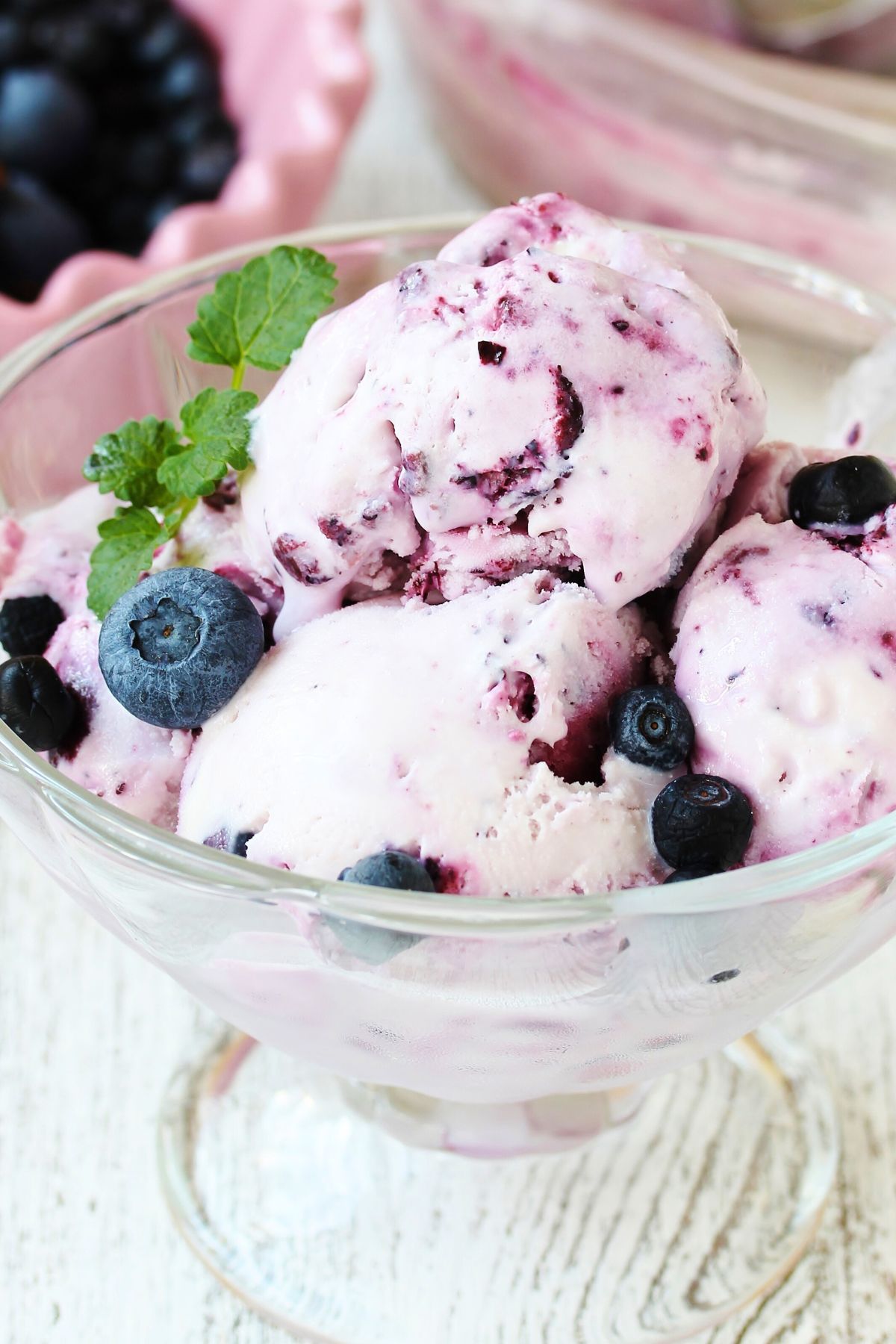 Close-up of rich, creamy texture of homemade blueberry cottage cheese ice cream.