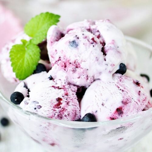 Close-up shot showing the smooth, creamy texture of keto blueberry ice cream made with cottage cheese.