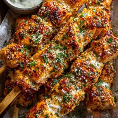 Juicy ranch garlic parmesan chicken skewers served with creamy dipping sauce.