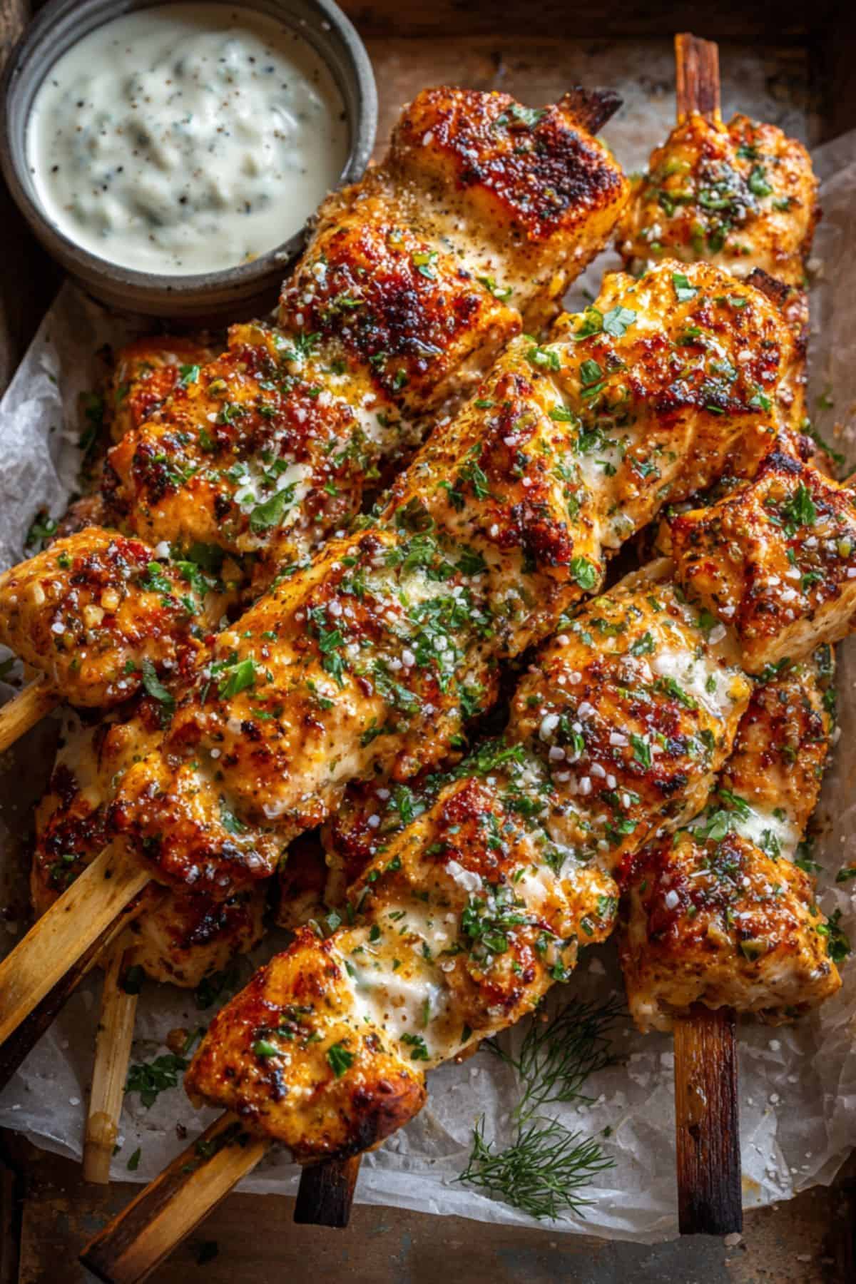 Ranch Garlic Parmesan Chicken Skewers 3 Juicy ranch garlic parmesan chicken skewers served with creamy dipping sauce.