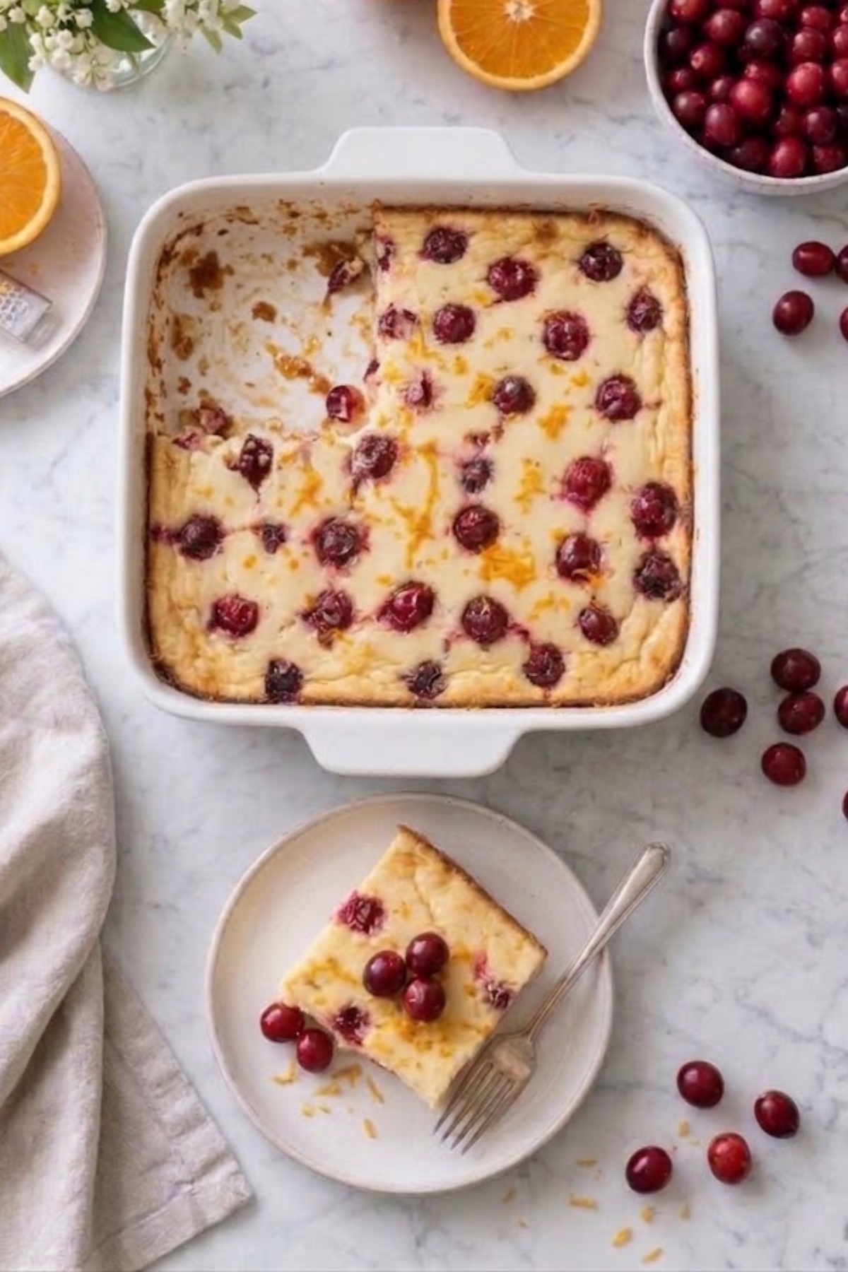 Cranberry Orange Cottage Cheese Bake 5 Overhead view of a cranberry orange cottage cheese bake in a square baking dish