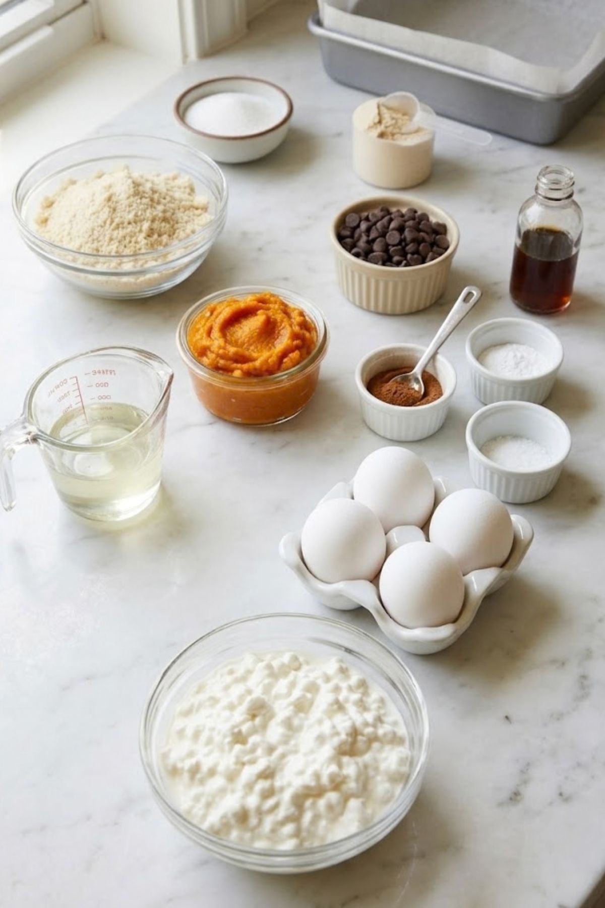High-Protein Cottage Cheese Pumpkin Bars 4 Ingredients for High-Protein Cottage Cheese Pumpkin Bars, including cottage cheese, pumpkin puree, eggs, almond flour, protein powder, sweetener, chocolate chips, and pumpkin spice.
